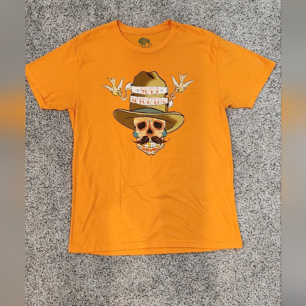 Mens Large Surf Wyoming Pistol Pete Skull Hippie Vintage Orange T Shirt